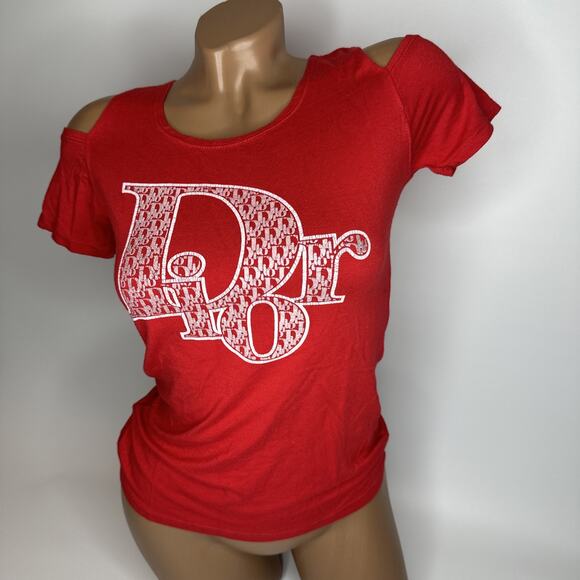 Red Cutout Shoulder Graphic Tee Y2K Streetwear Logo Print Top XS S READ FLAWS - Picture 12 of 12